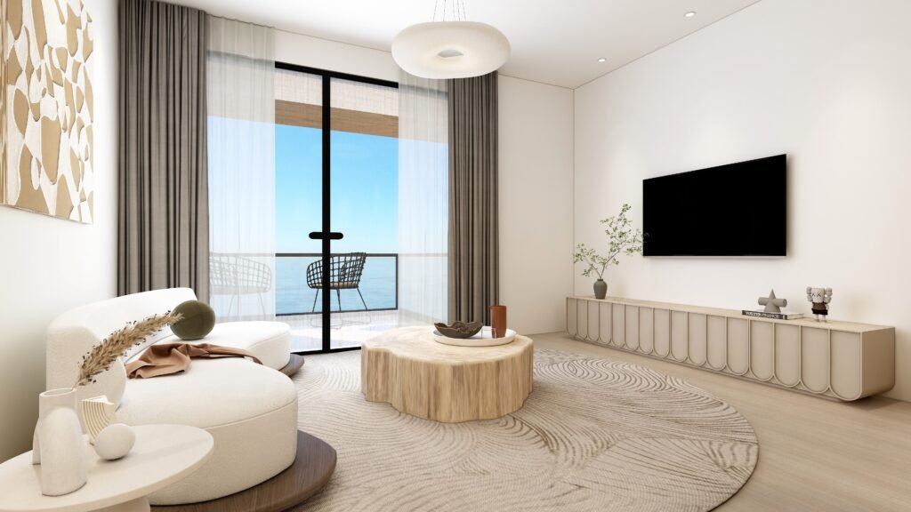 prospective render of the elite garden project in saranda albania showcasing the living room with japandi style