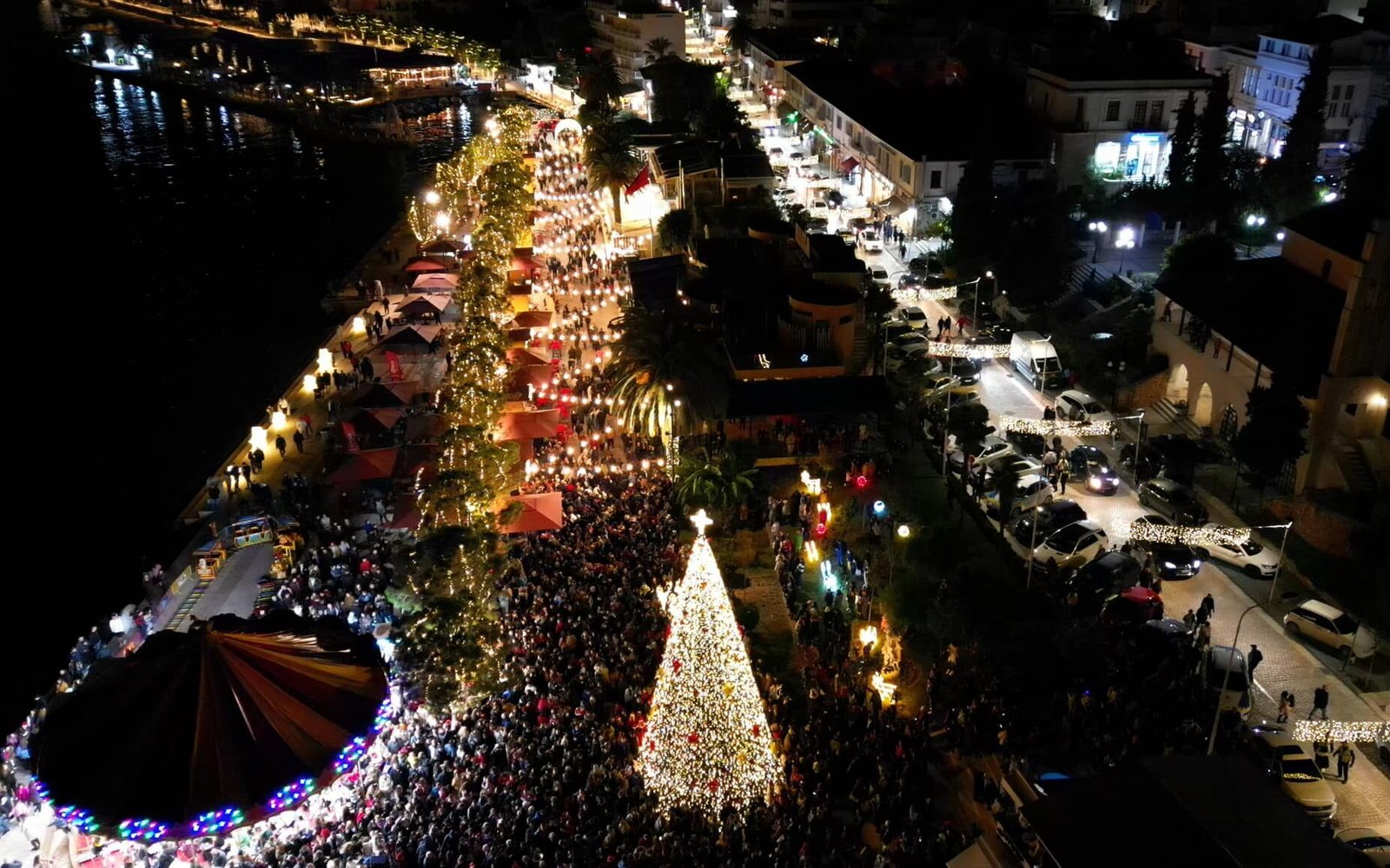 christmas in saranda , aerial view of the festive allure of the promenade