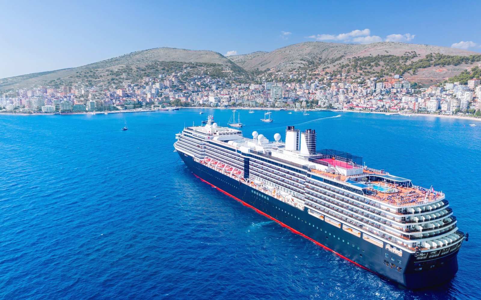 aerial view of saranda albania and ferry