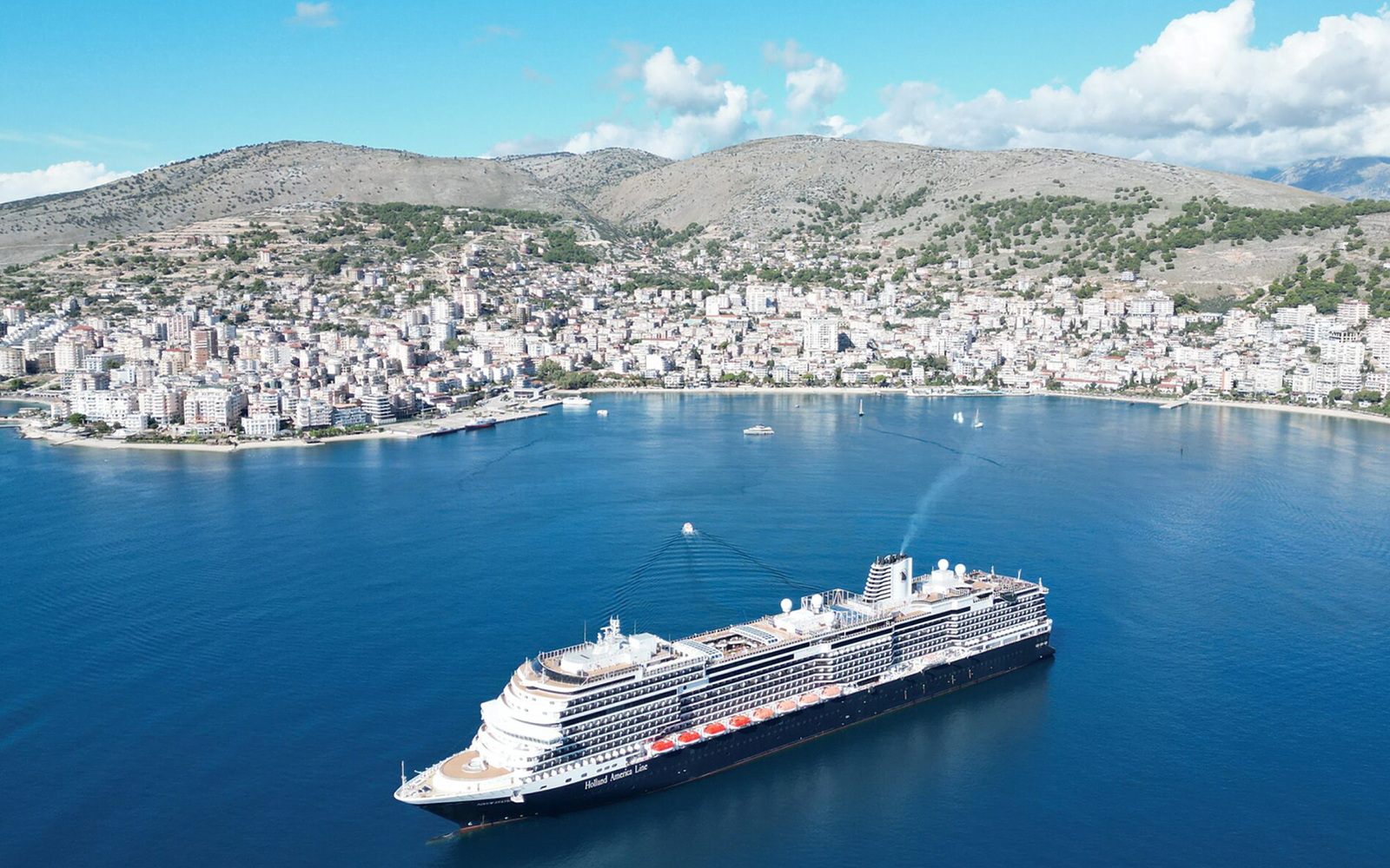 aerial views of saranda albania and ferry